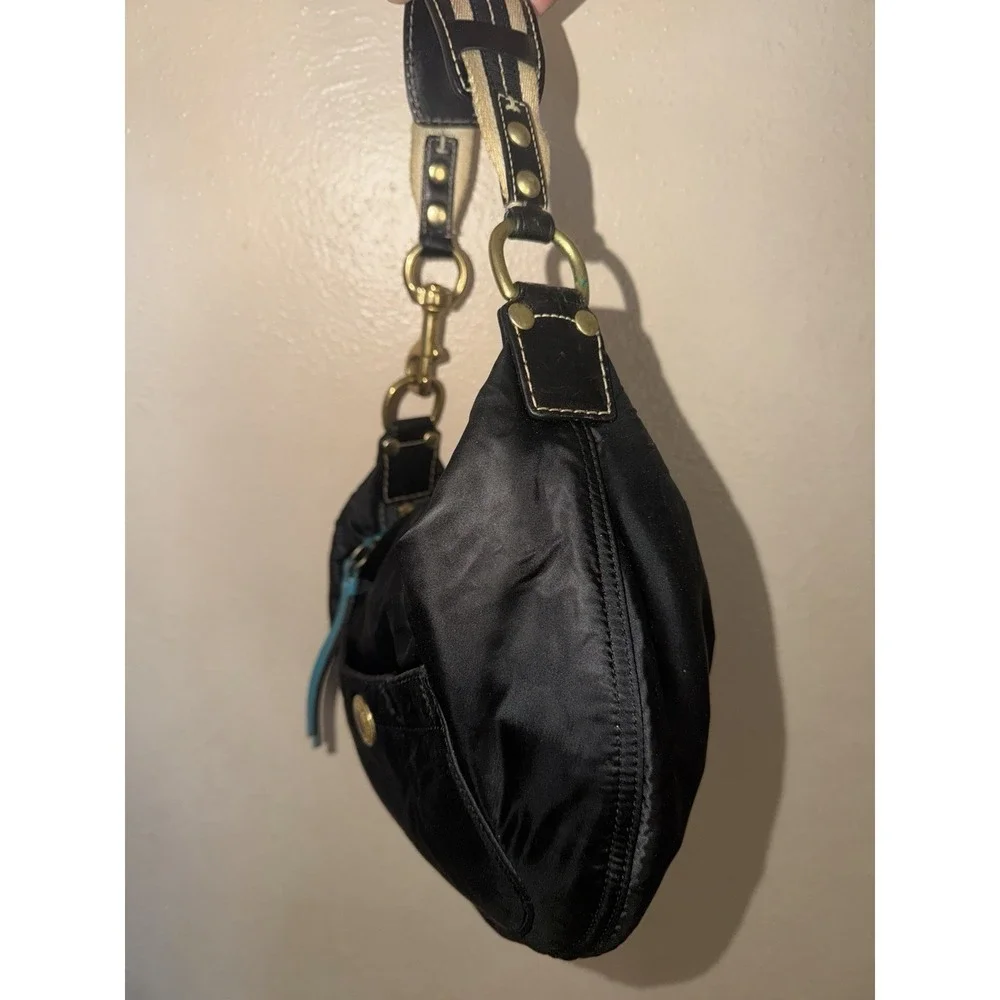 Coach Hampton Black Hobo Shoulder Bag Nylon Black Stitching  With Teal Lining